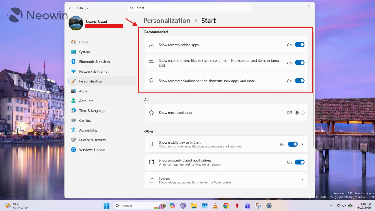 Windows 11 मधील स्टार्ट मेनू वैयक्तिकरण सेटिंग्जचा स्क्रीनशॉट