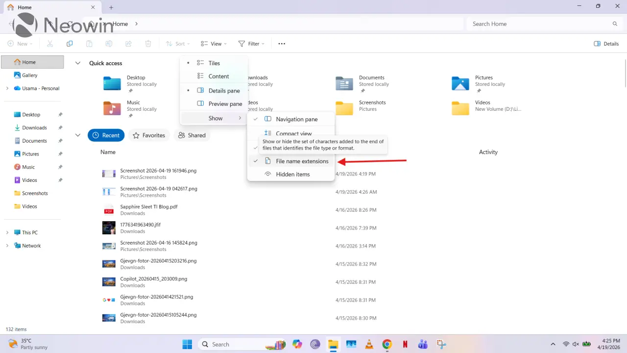 Windows 11 वरील फाइल एक्सप्लोररमध्ये फाइल विस्तार कसे सक्षम करायचे ते दाखवणारा स्क्रीनशॉट