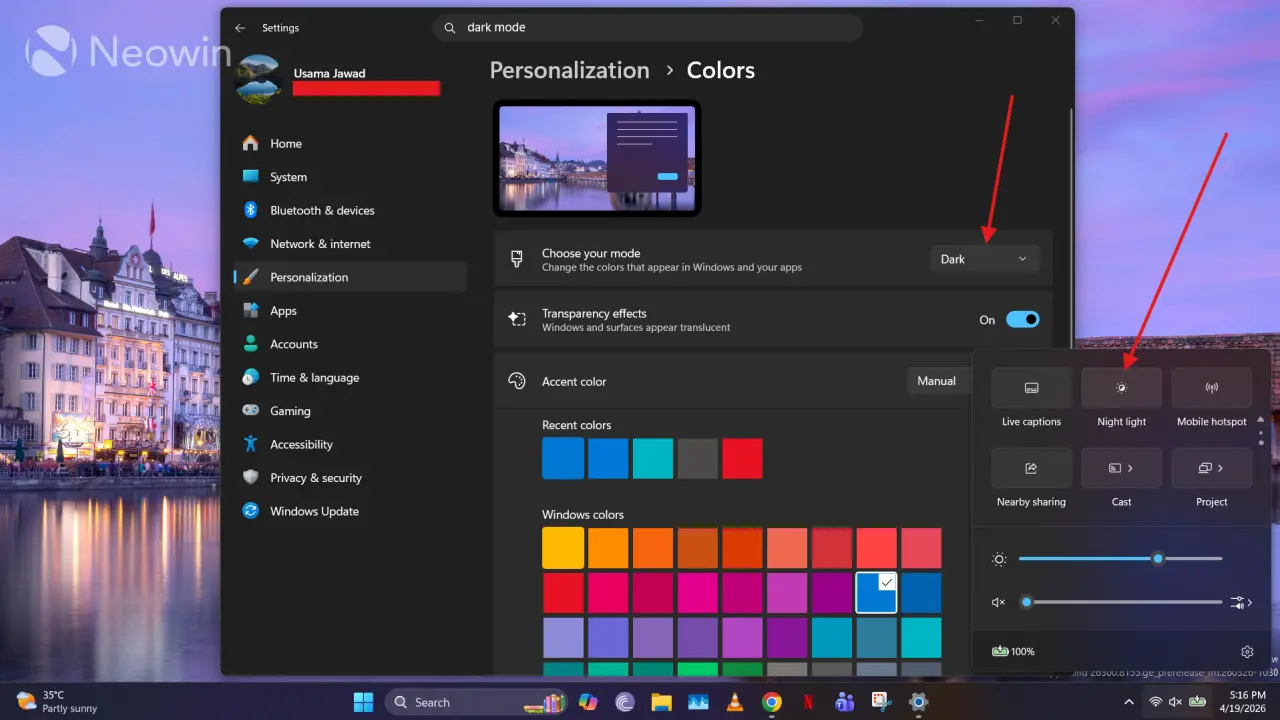 टास्कबारमध्ये नाईट लाइट पर्यायासह विंडोज 11 डार्क मोड दर्शविला आहे
