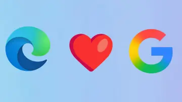 Microsoft Edge and Google logo on the sides with love emoji in the center