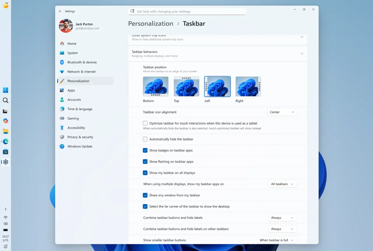 The updated taskbar in Windows 11