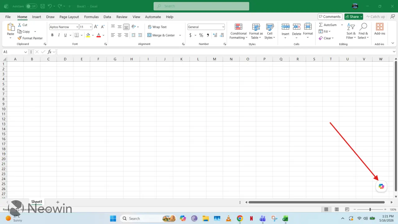 Excel मधील फ्लोटिंग Copilot बटणाकडे निर्देश करणारा लाल बाण