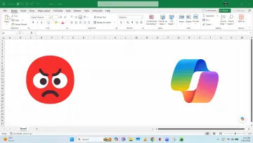 Microsoft Excel sheet with angry emoji and Copilot logo on either sides