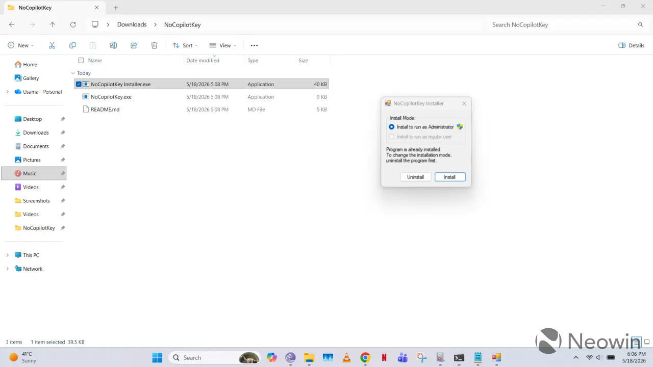 Windows 11 वर NoCopilotKey फोल्डर