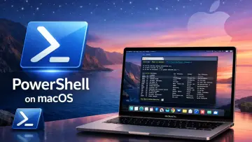 PowerShell running on macOS with Apple logo on a cosmic background