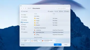 File Explorer concept showing multi-select and pinnable file transfer dialogs