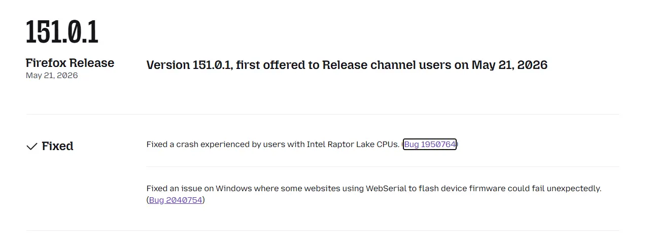 firefox raptor lake release notes and bug tracker mismatch