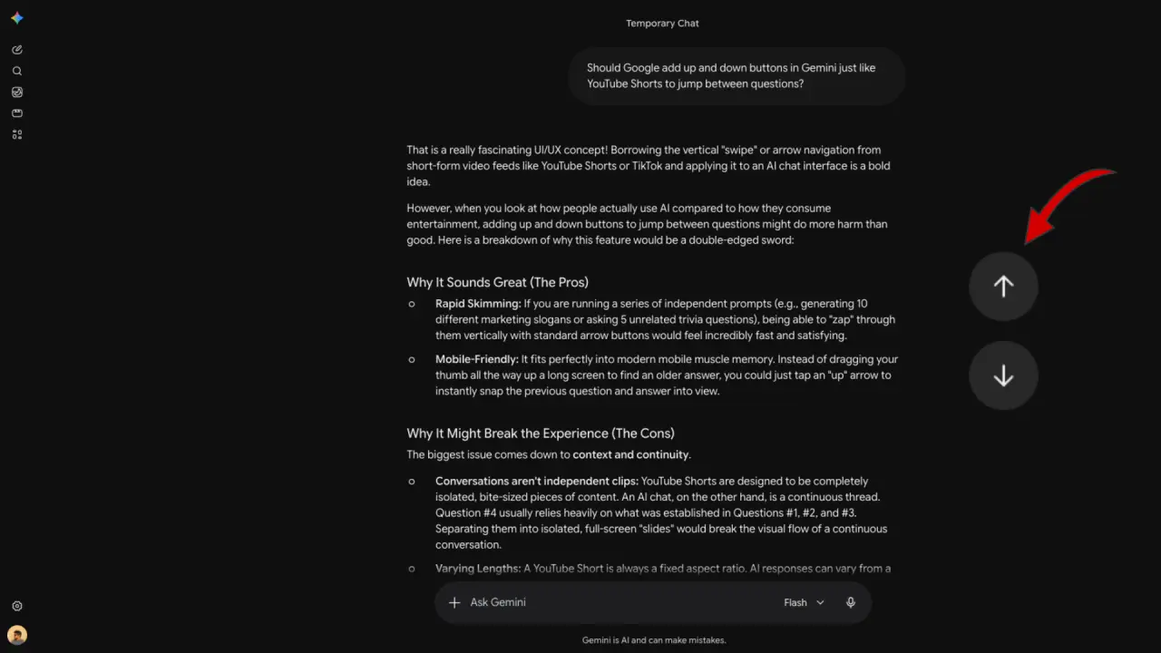 A mockup to add chat navigation buttons in Google Gemini