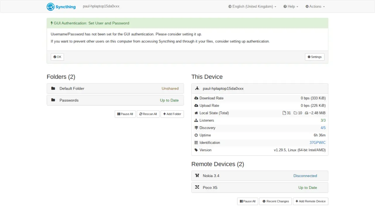 Syncthing dashboard