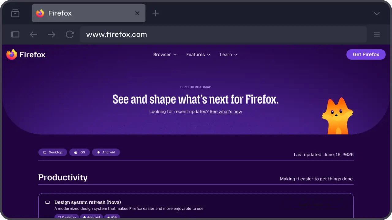 Firefox new roadmap page in dark mode