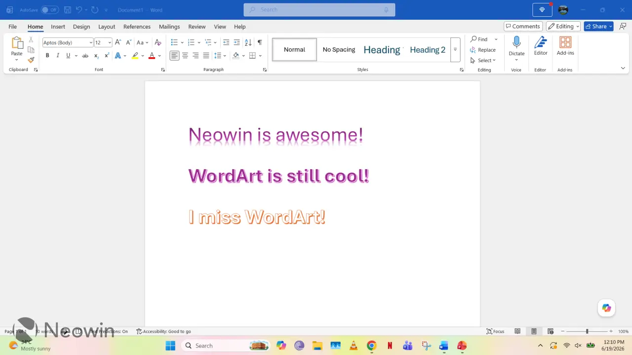 Text stylized with WordArt in Microsoft Word