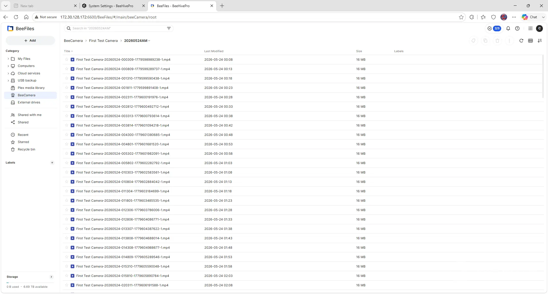 A screenshot of BeeFiles showing MP4 files recorded from BeeCamera