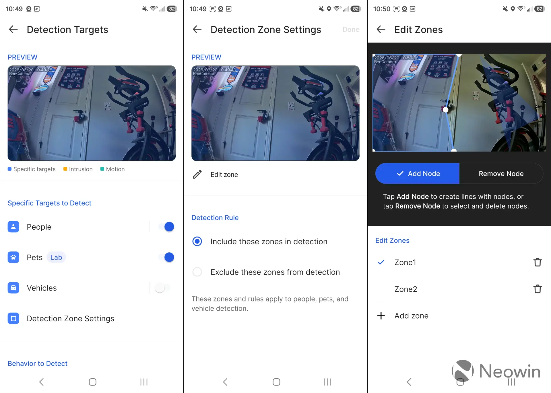 Three screenshots of BeeCamera showing the setup of zones