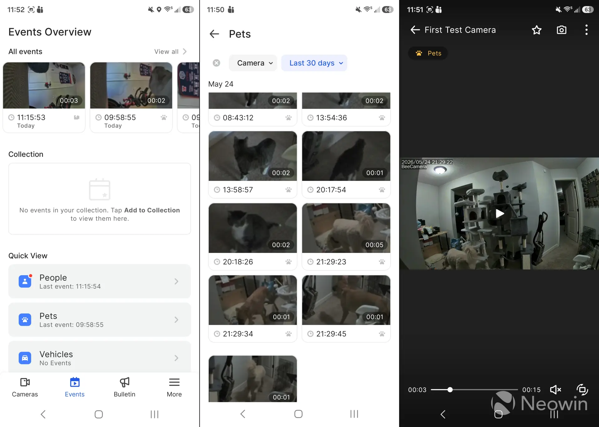 Three screenshots from the events section of the BeeCamera app