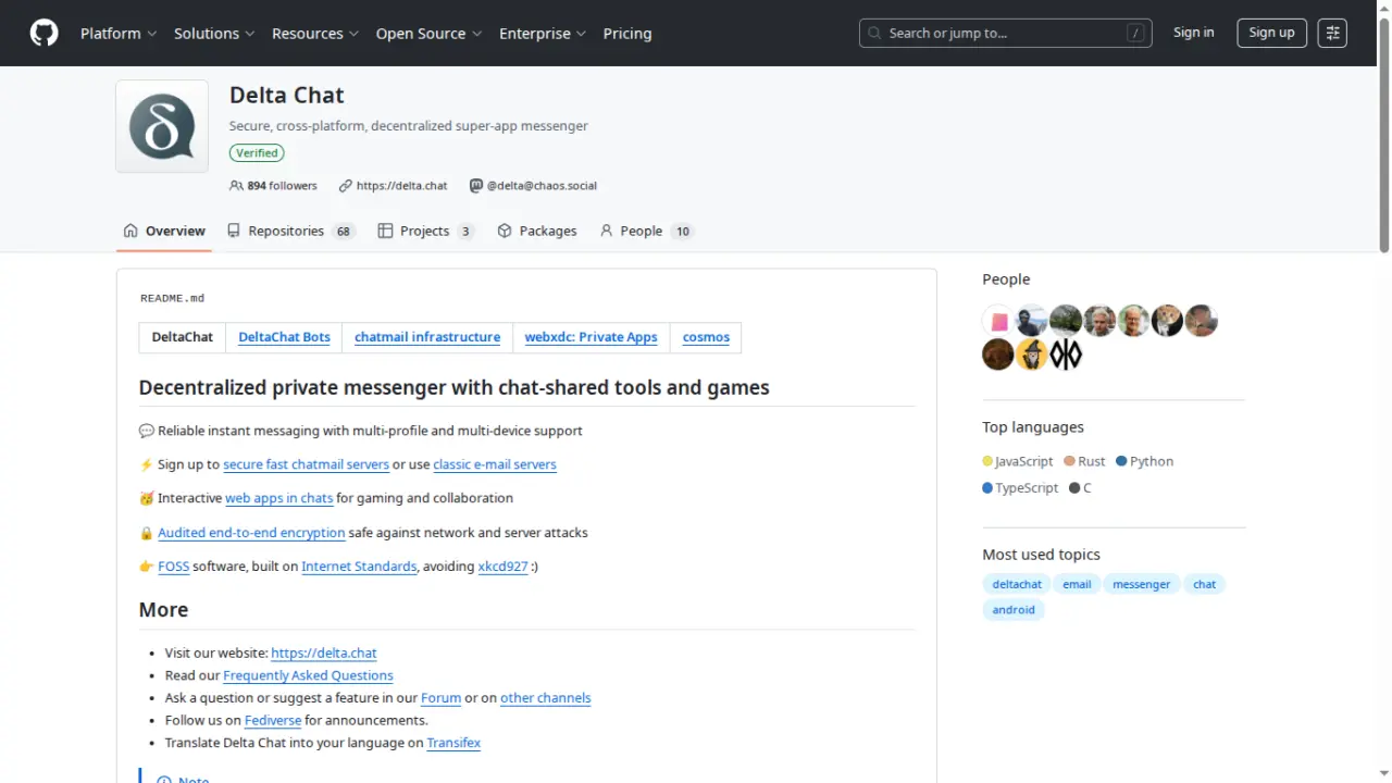 The GitHub page for Delta Chat source code