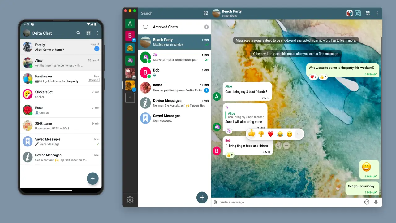 Screenshots of Delta Chat