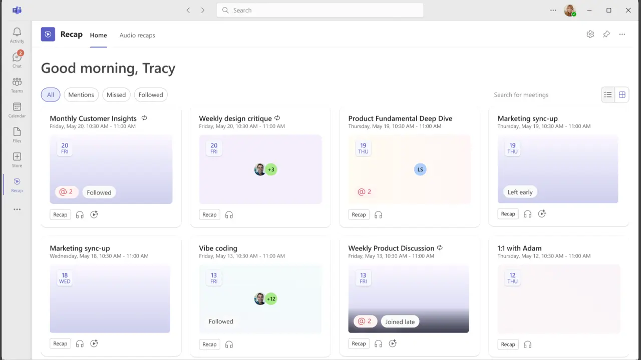 Recap app thumbnail and list view for Microsoft Teams