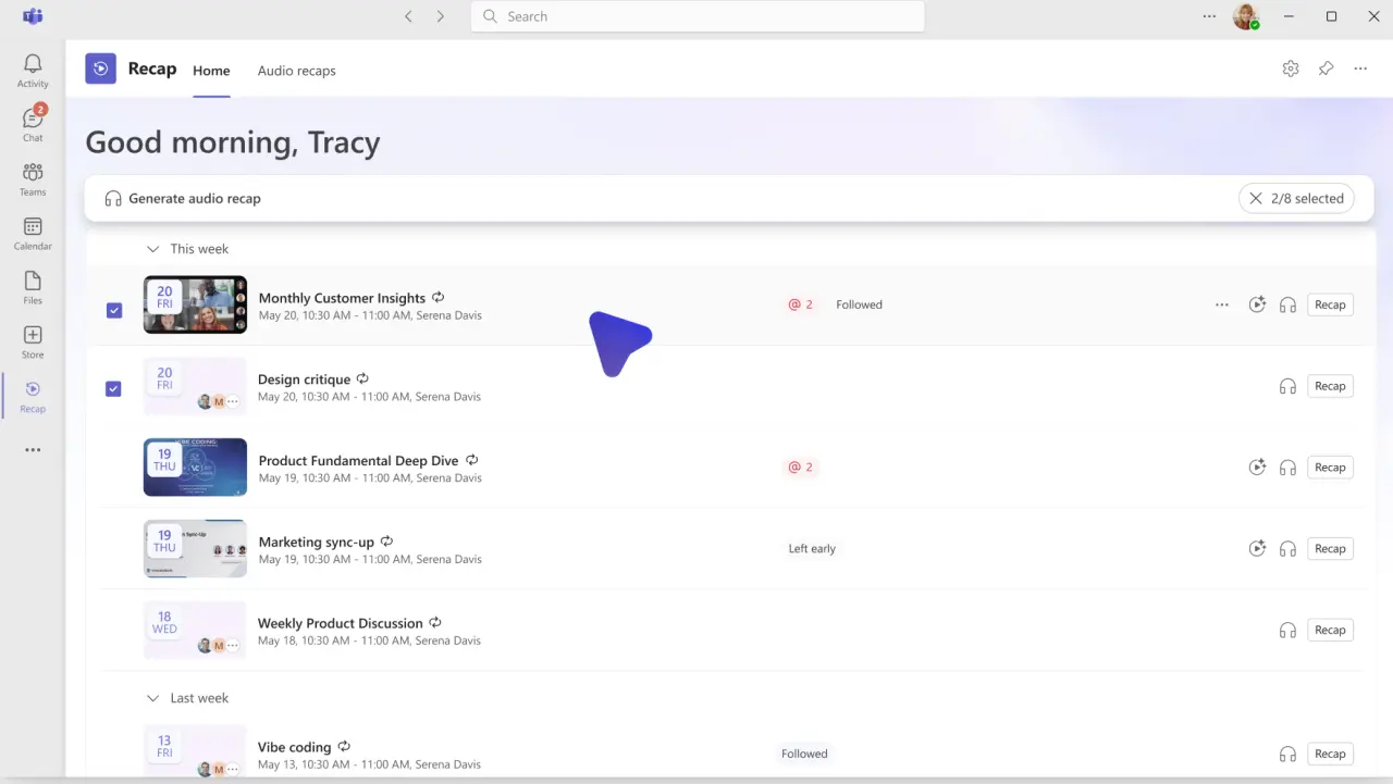 Microsoft Teams audio recap feature in Recap app