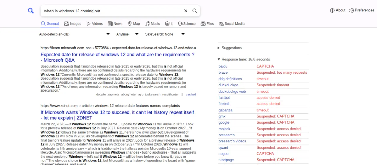 SearXNG results page showing which services blocked access to scrape data