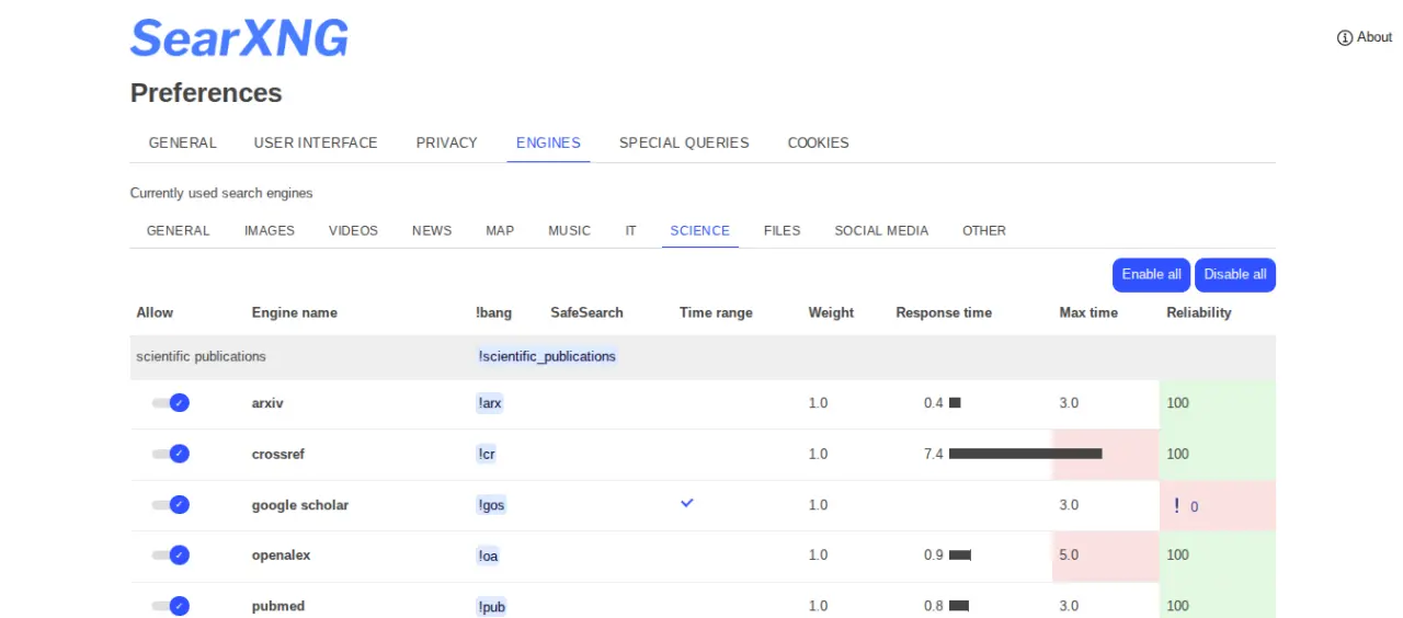 SearXNG engines in the preferences menu