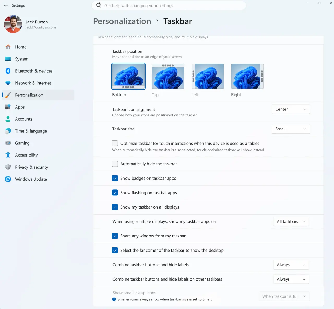 Updated taskbar settings in Windows 11