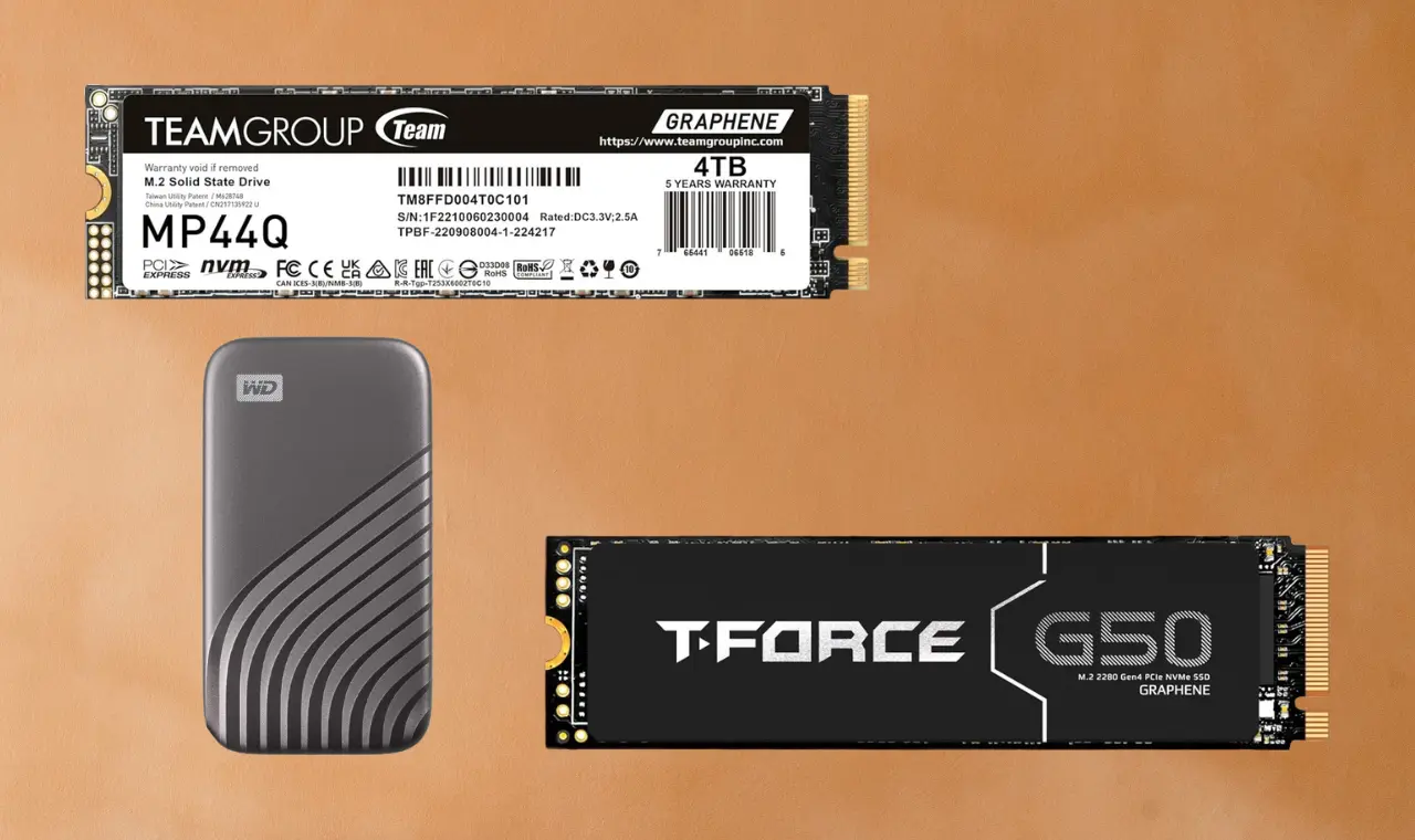 4TB TEAMGROUP MP44Q, 2TB T-Force G50, and 2TB WD My Passport SSDs