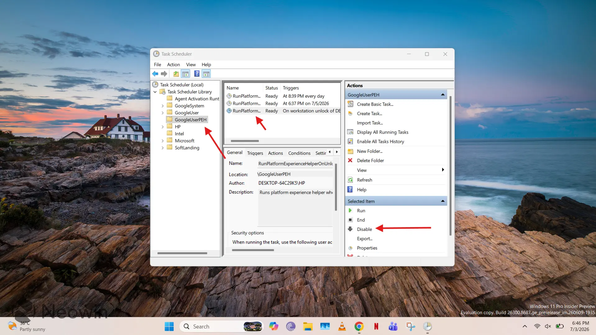 A Task Scheduler screenshot in Windows 11 showing how to disable a Google Chrome background componen
