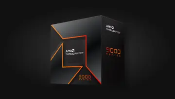 amd ryzen threadripper 9000 retail packaging box against black background