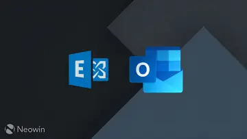 Microsoft Exchange logo blue and Microsoft Outlook logo blue on dark grey background