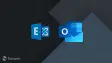 Microsoft Exchange logo blue and Microsoft Outlook logo blue on dark grey background