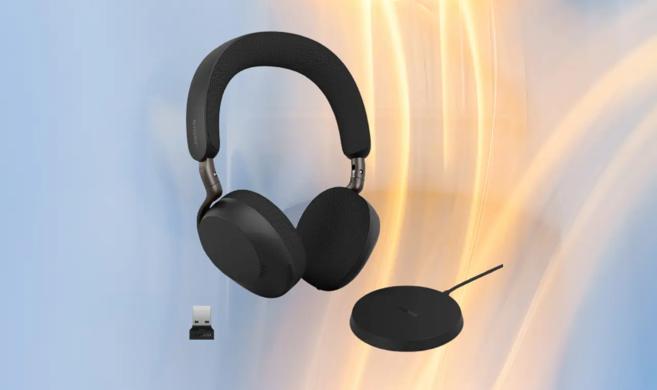 Jabra Evolve3 75 Bluetooth headset with mic, wireless charging stand is ...