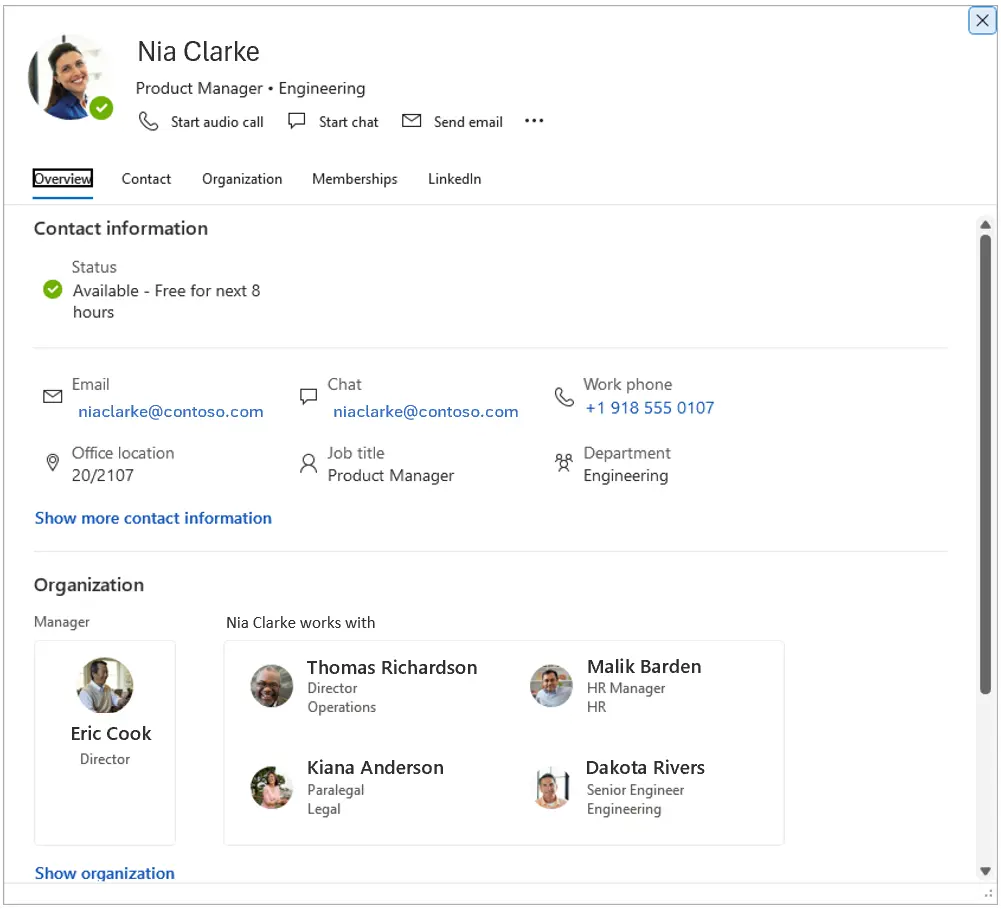 Outlook people card view