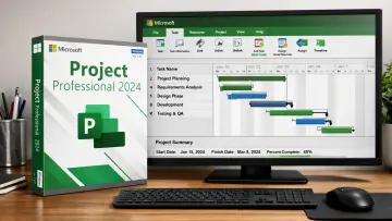An AI-generated workspace illustration featuring a Microsoft Project Professional 2024 software box 