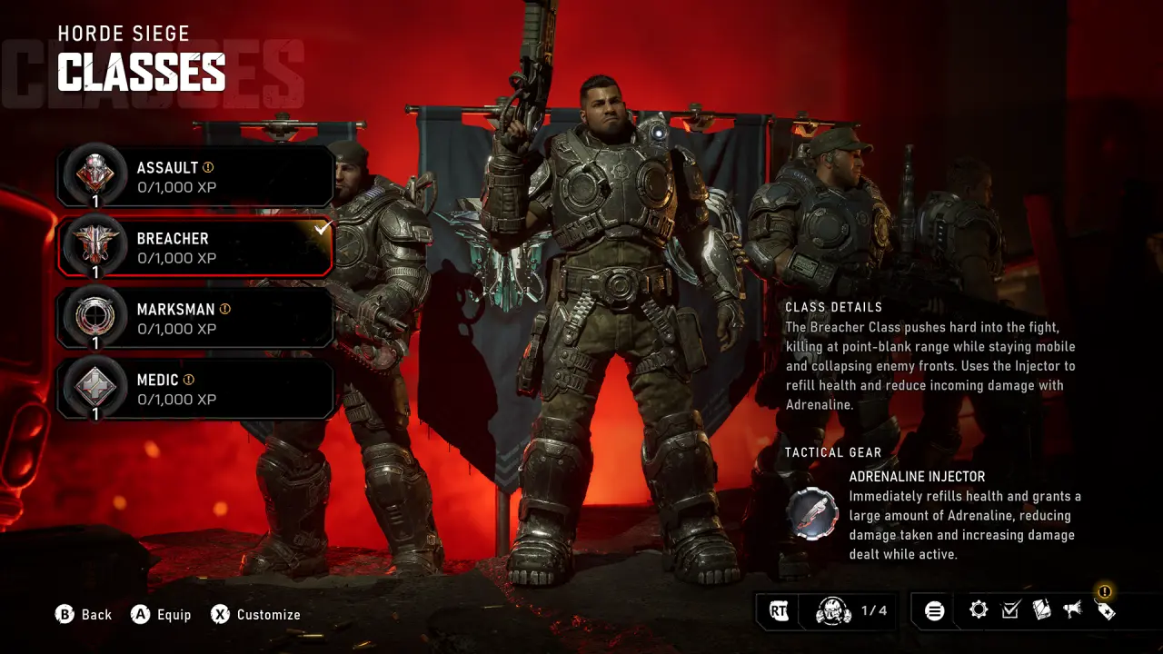 Gears of War E-Day screenshot showing Horde Siege classes and their abilities