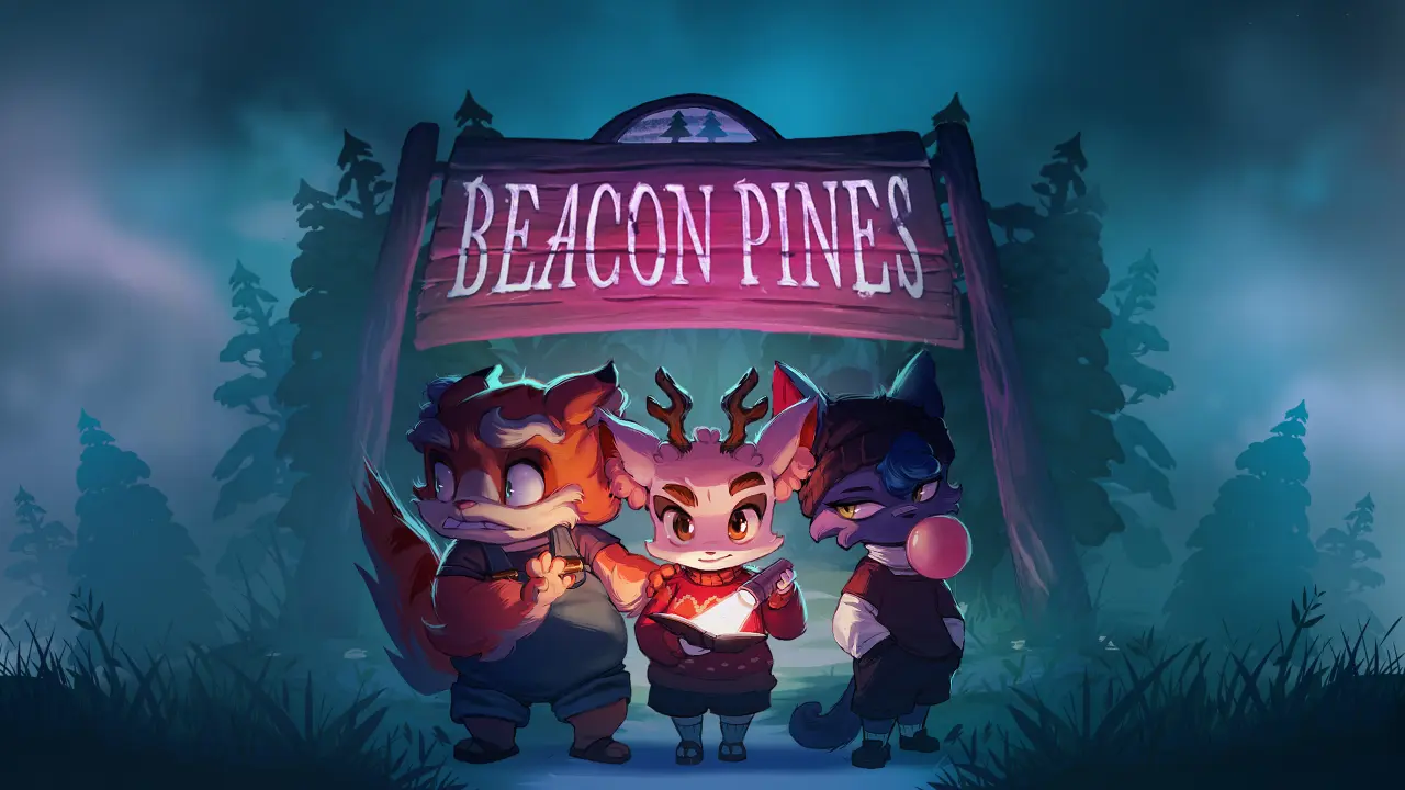 beacon pines key art showing three humanoid animal protagonists
