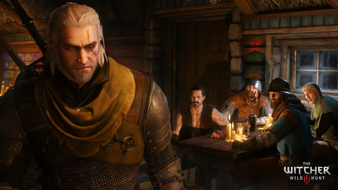 The Witcher 3 screenshot showing Geralt inside a tavern
