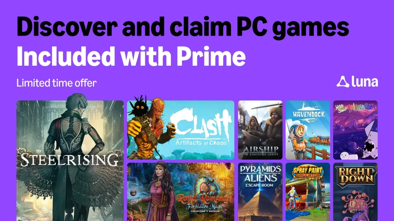 Amazon Luna PC games with Prime promotion image showing box art of nine games