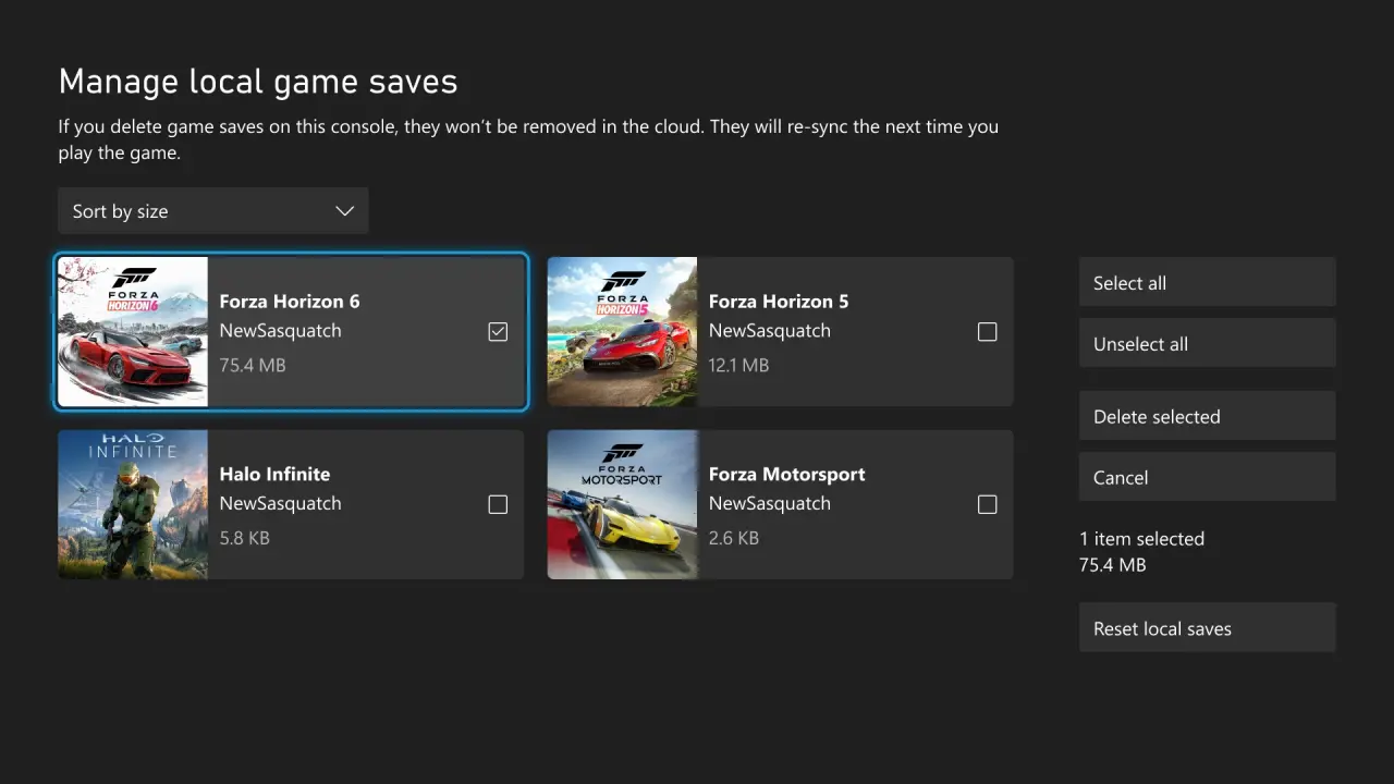 Xbox consoles local game saves management screen