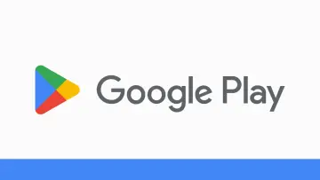 Google Play logo featuring a multicolored triangle play icon next to the gray text Google Play on a 