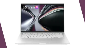 LG gram AI laptop with an Essence Silver finish and a white backlit keyboard shown open facing forwa