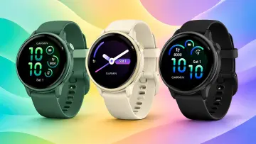 Three Garmin Vivoactive 6 smartwatches in green cream and black displayed side by side against a col