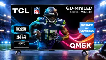 TCL 85-inch QM6K Series QD-Mini LED TV displaying an NFL football player with QD-Mini LED 144Hz Halo