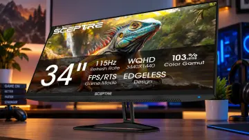 Sceptre 34-inch Prime ultrawide gaming monitor with a curved display showing a colorful lizard image