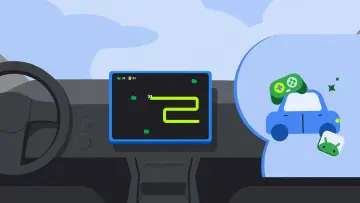 Flat vector illustration of a car dashboard with a steering wheel on the left and a center screen sh