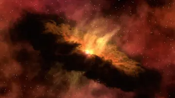 a nebulous galaxy in orange and red