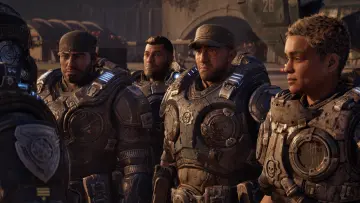 Four armored soldiers with glowing blue lights stand before hangar and aircraft