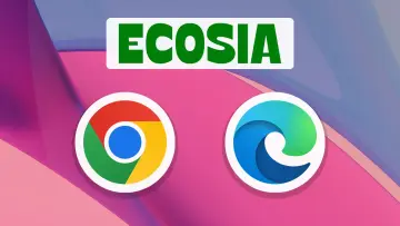 Ecosia logo centered on a colorful pink and purple abstract gradient background with Chrome and Edge