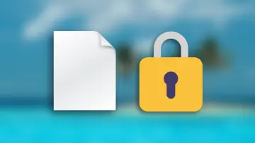 Graphic featuring a blank white document icon with a folded corner next to a closed yellow padlocked