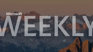 The words Microsoft WEEKLY overlaying a rugged snowy mountain range during sunset