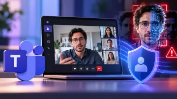 Microsoft Teams video call on a laptop with a deepfake detection interface digital face scanning sec